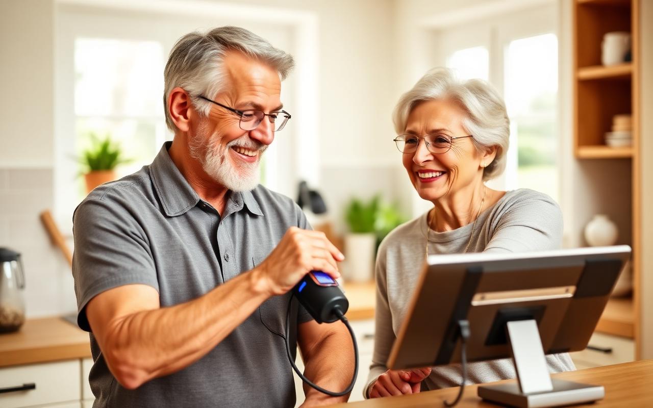Happy couple checking blood pressure at home after using BloodPril