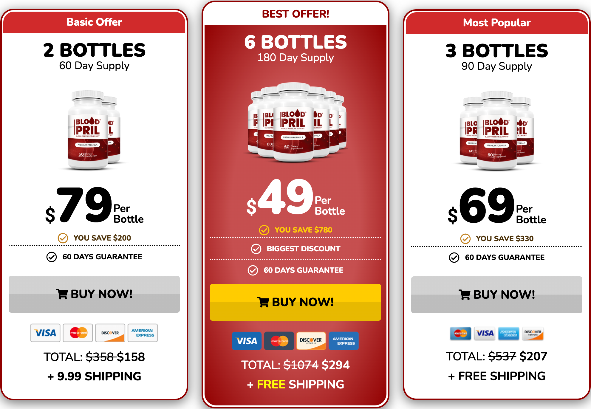 BloodPril pricing options: 2 bottles, 6 bottles best offer, and 3 bottles most popular